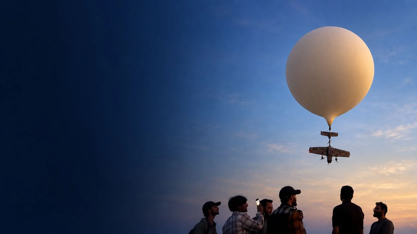 A weather balloon lifting the SAAV aircraft at dusk while the launch team watches