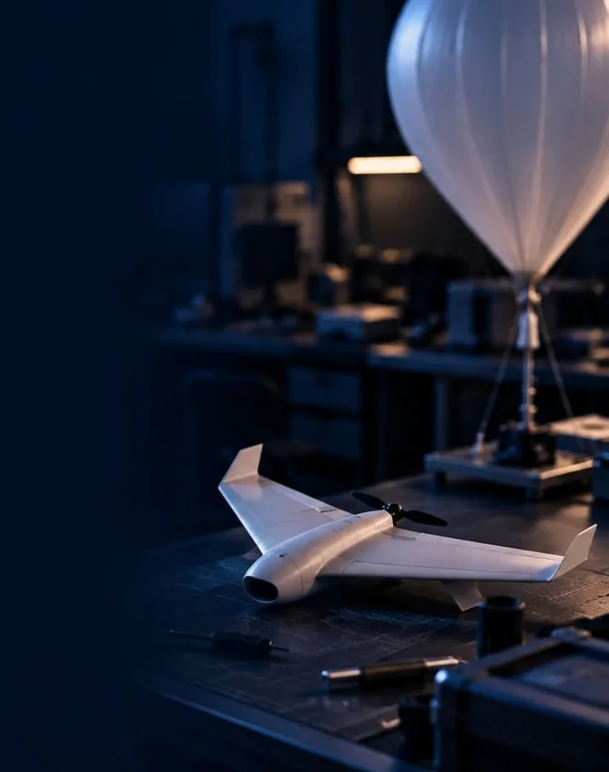 SAAV on the workbench with a weather balloon behind it